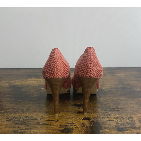 Moda Spana Peep Toe Heels Sz 7.5M Red Reptile Bow Cork Pinup‎ - Picture 5 of 9